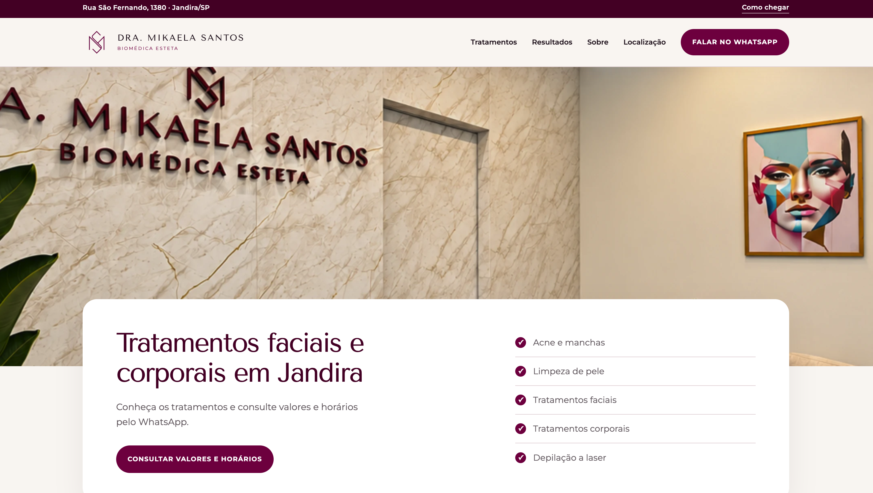 Print completo do site da Dra. Mikaela Santos, biomédica esteta
