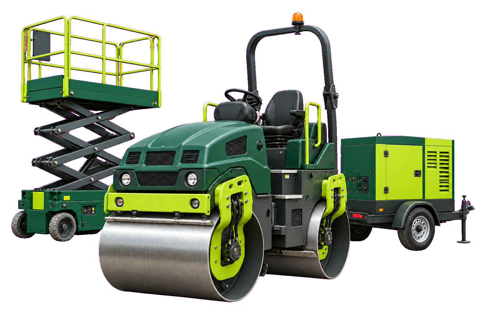 Rolo compactador, plataforma elevatória e gerador para locação em obras